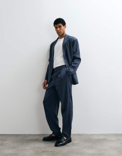 ASOS DESIGN oversized tapered denim look suit in navy pinstripe, 2 of 3