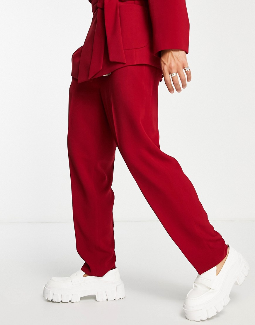 Asos Design Oversized Tapered Drawcord Waist Suit Trousers Is Red Twill