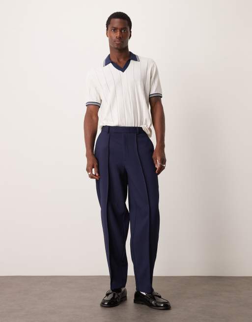 ASOS DESIGN oversized tapered dress pants in navy ribbed texture