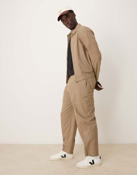 ASOS DESIGN oversized tapered dress pants in stone micro plaid with elastic waist - part of a set - view 1
