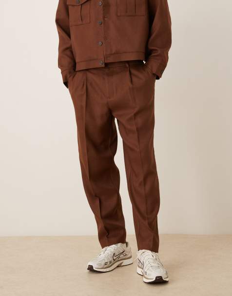ASOS DESIGN oversized tapered dress pants with 1/4 elastic waist in brown - part of a set - view 1