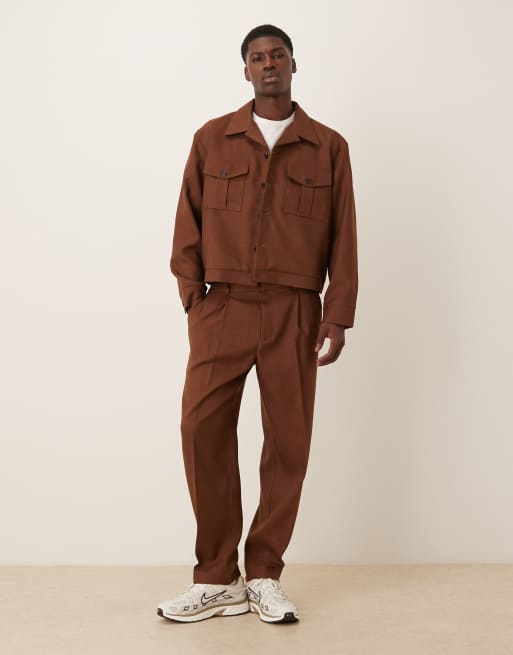 ASOS DESIGN oversized tapered dress pants with 1/4 elastic waist in brown - part of a set