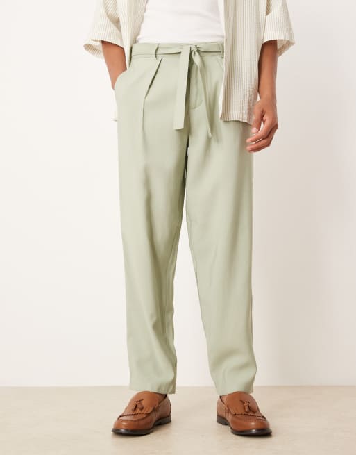 ASOS DESIGN oversized tapered dress pants with belt detail in green, 3 of 5