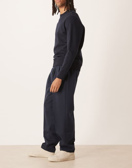 ASOS DESIGN oversized tapered dress pants with thin belt in navy with elastic waist, 3 of 5