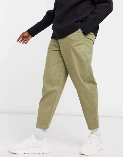 boohooMAN tapered chinos with side panel detail in khaki, ASOS