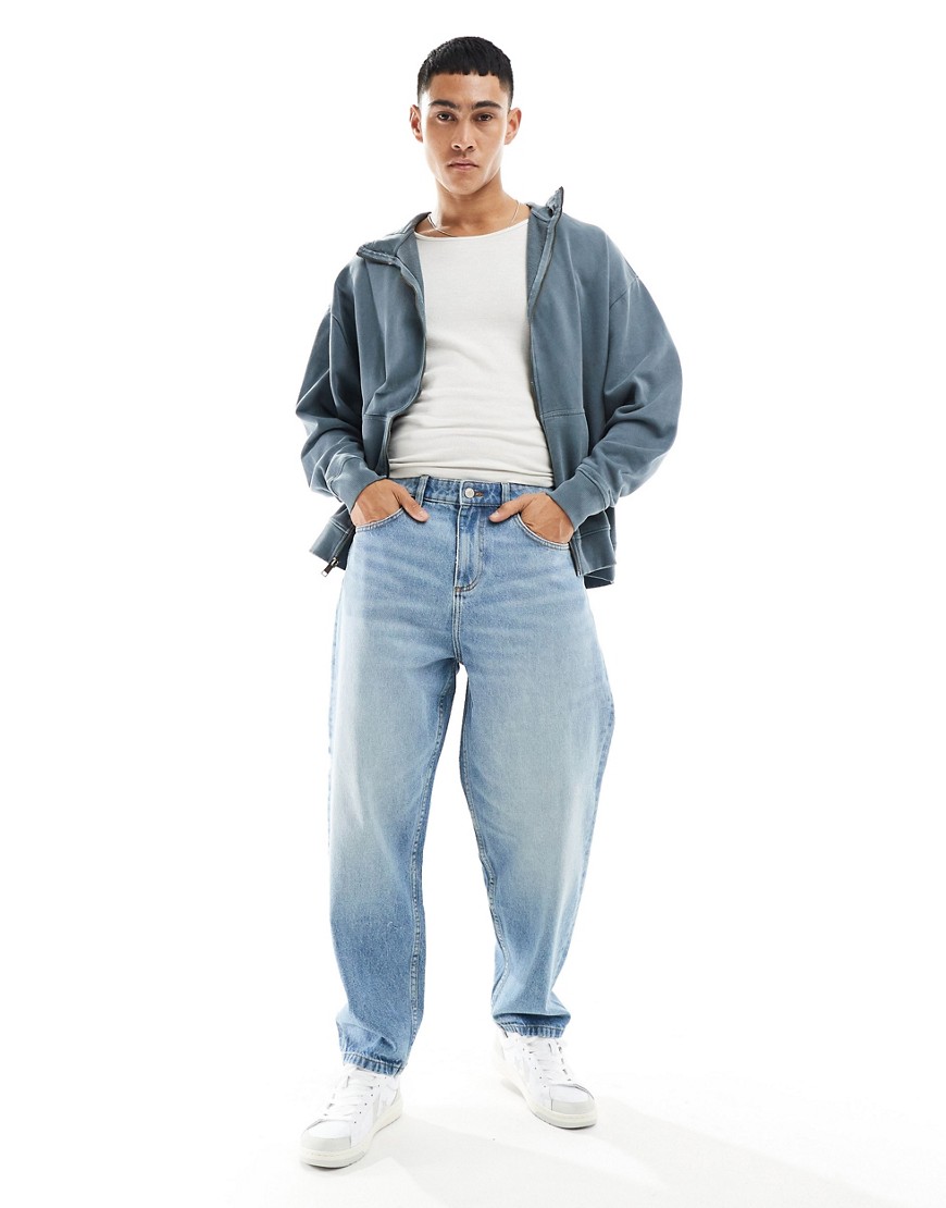 Asos Design Oversized Tapered Jeans In Mid Wash Blue