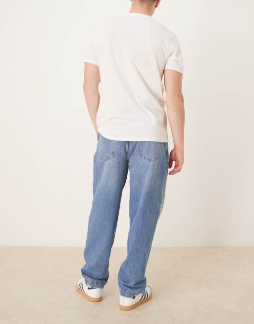 ASOS DESIGN oversized tapered jeans with pleat detail in midwash blue denim, 2 of 5