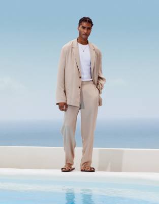 Asos Design Oversized Tapered Lightweight Suit Pants In Neutral