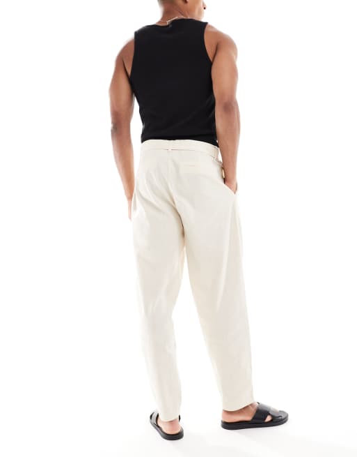 ASOS DESIGN oversized tapered linen look pants with belt in beige , 2 of 5