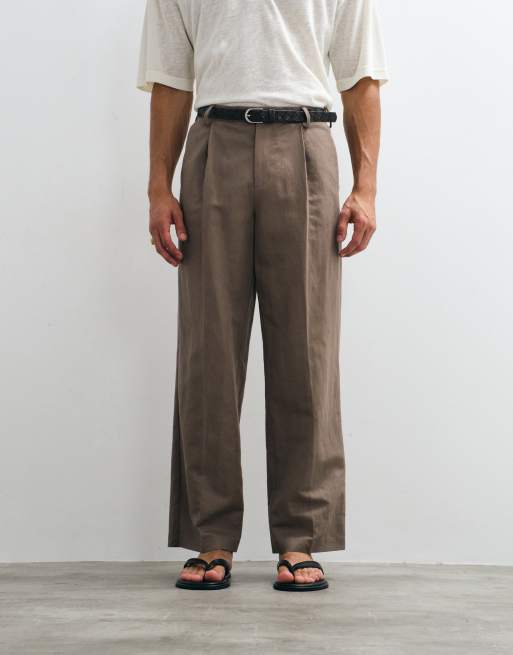 ASOS DESIGN oversized tapered linen rich suit trousers in dark brown, 3 of 9