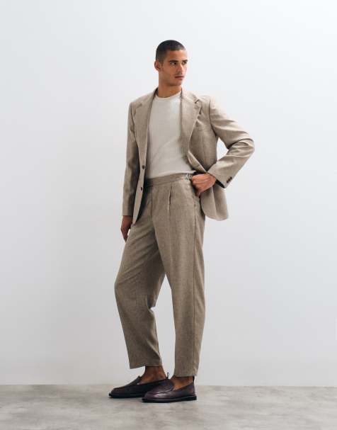 ASOS DESIGN oversized tapered melange suit pants with linen in brown - view 1