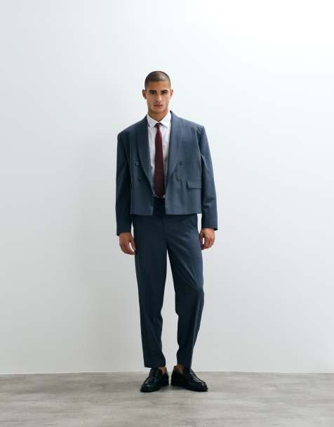 ASOS DESIGN oversized tapered pakbroek in blauw visgraat - view 1