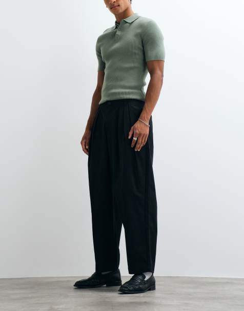 ASOS DESIGN oversized tapered pants in black with triple pleat - view 1
