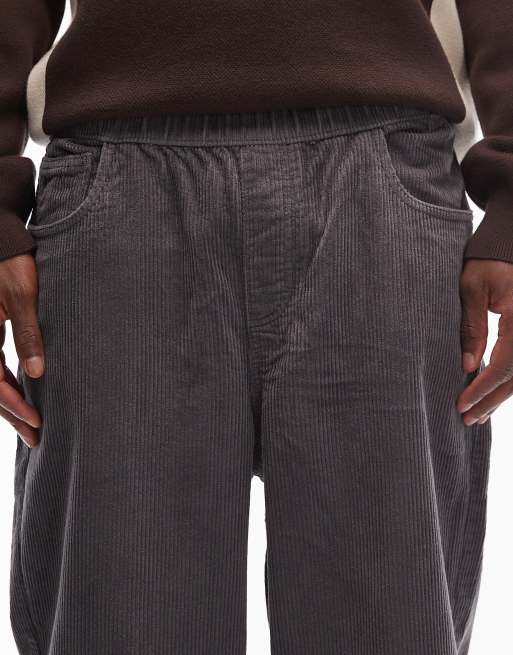 ASOS DESIGN oversized tapered pull-on pants in charcoal corduroy