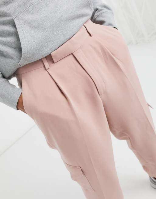 ASOS DESIGN oversized tapered smart jogger trousers in pink with cargo pocket, 3 of 4