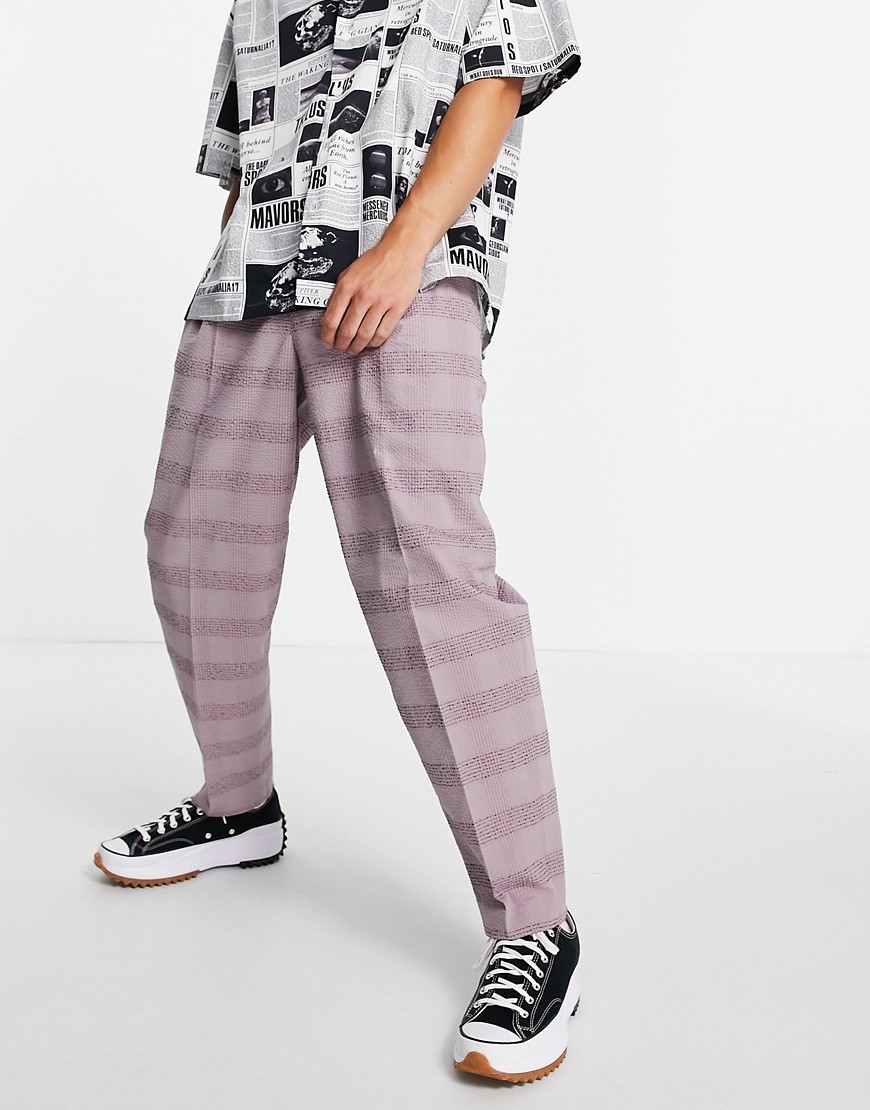 ASOS DESIGN oversized tapered smart pants in lilac linen mix plaid-Purple
