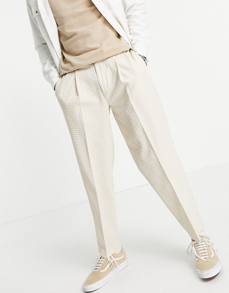 ASOS DESIGN oversized tapered smart pants in stone gingham-Neutral