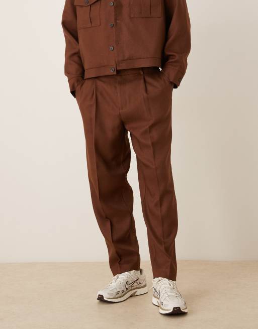 ASOS DESIGN oversized tapered smart pants with 1/4 elasticated waist in brown (part of a set)