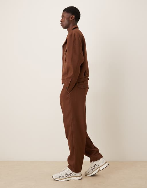ASOS DESIGN oversized tapered smart pants with 1/4 elasticated waist in brown (part of a set), 3 of 5