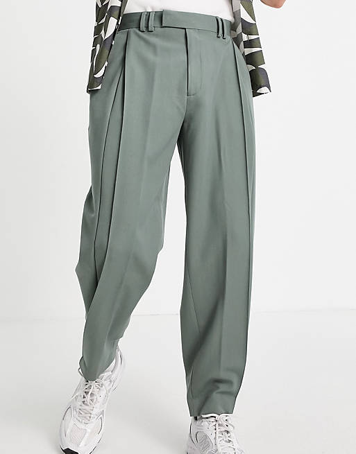 ASOS DESIGN oversized tapered smart trouser in green with pleat