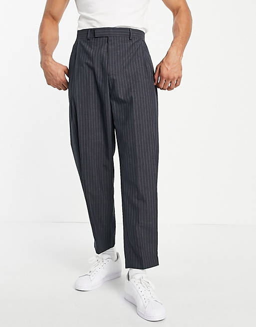 Men oversized tapered smart trouser in navy stripe 