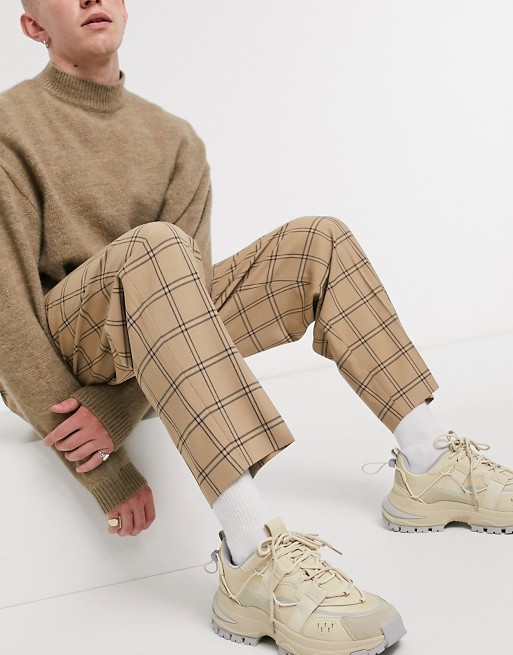 ASOS DESIGN oversized tapered smart trouser in stone check