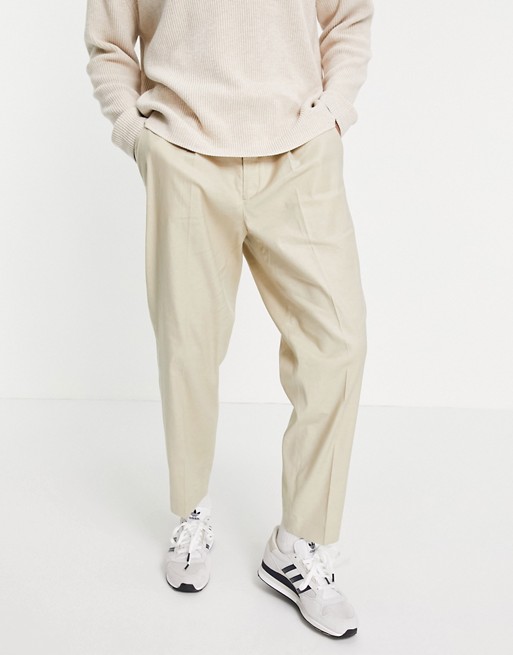 ASOS DESIGN oversized tapered smart trouser in stone linen mix