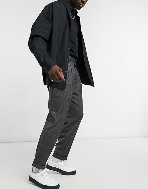 Men oversized tapered smart trousers in check 