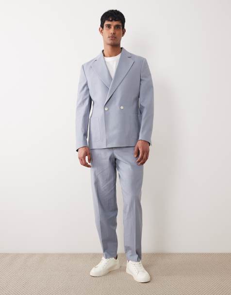 ASOS DESIGN oversized tapered suit pants in blue with linen - view 1