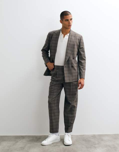 ASOS DESIGN oversized tapered suit pants in brown glen plaid - view 1