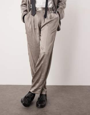 oversized tapered suit pants in gray matte satin