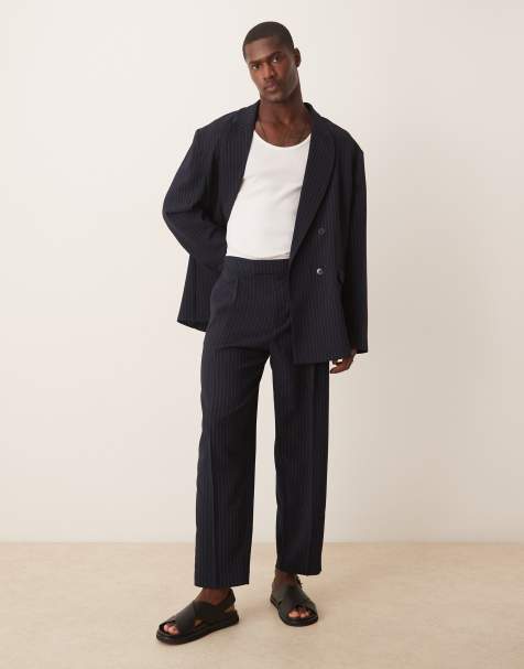 ASOS DESIGN oversized tapered suit pants in navy pinstripes - view 1