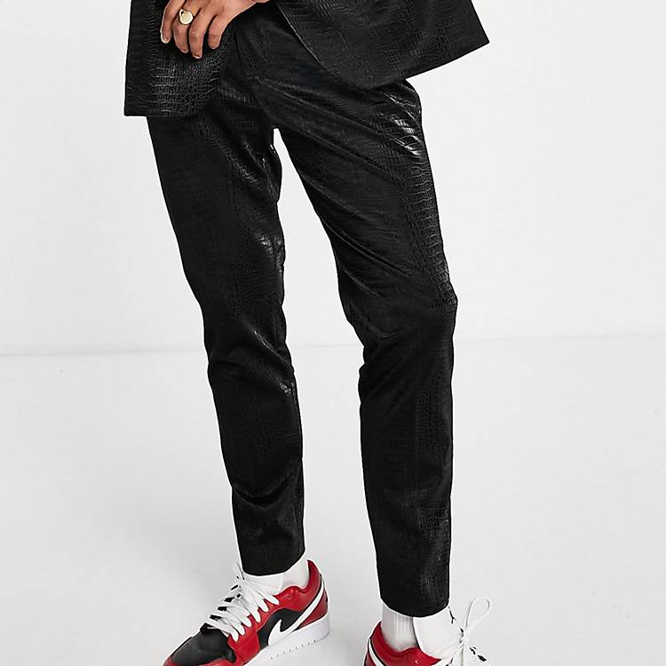 ASOS DESIGN oversized tapered suit pants with croc faux leather in black