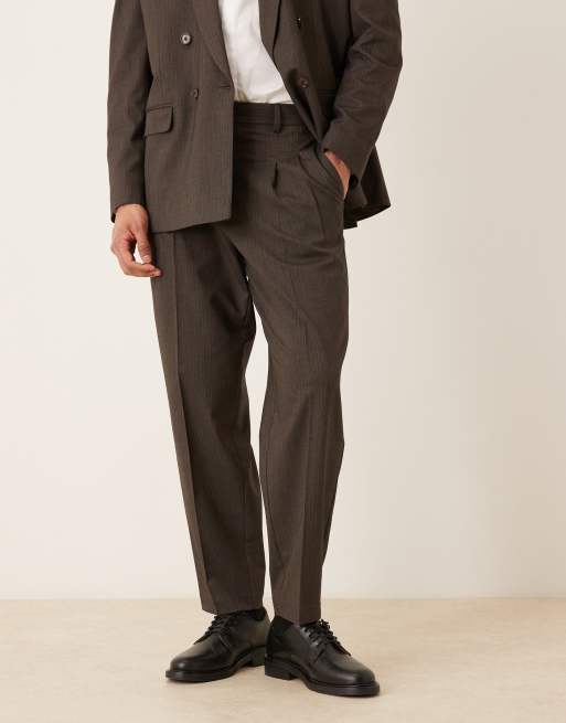 ASOS DESIGN oversized tapered suit trouser in brown subtle stripe, 2 of 5