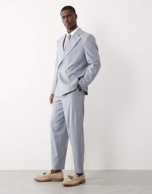 ASOS DESIGN oversized tapered suit trousers in blue with linen, 3 of 5