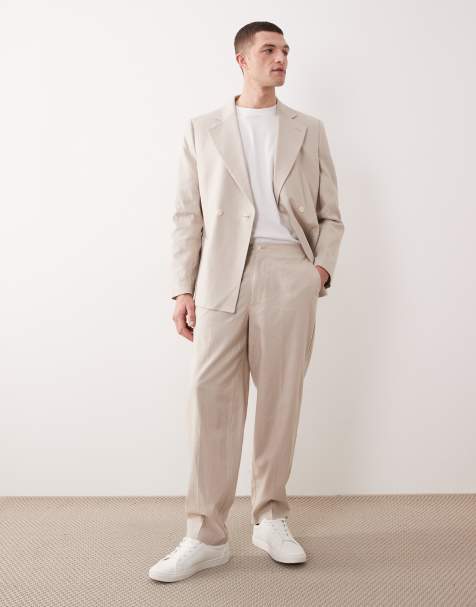 ASOS DESIGN oversized tapered suit trousers in stone with linen