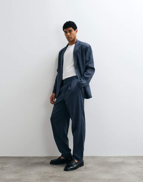ASOS DESIGN oversized tapered suitbukser i denimlook med kvart elastisk taljebånd i navy pinstripe - view 1