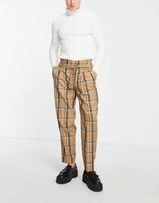 ASOS DESIGN oversized tapered trousers with belt in brown check