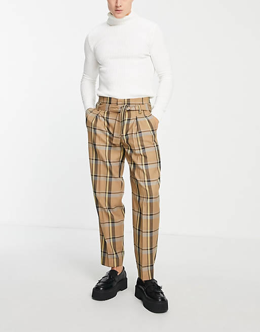  oversized tapered trousers with belt in brown check 