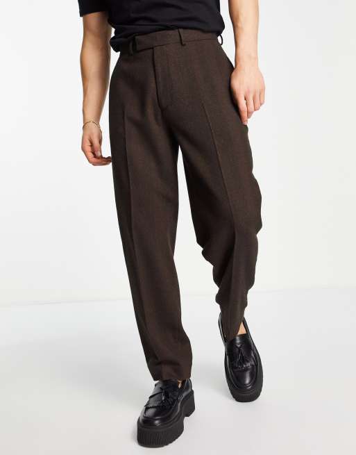 ASOS DESIGN oversized tapered wool mix herringbone smart pants in chocolate brown