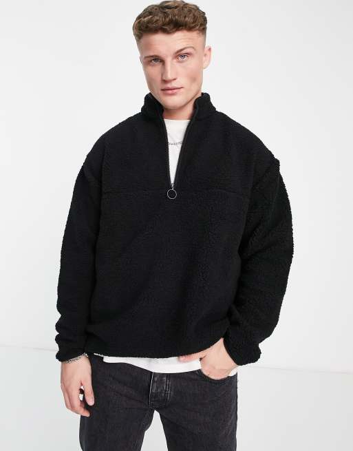 ASOS DESIGN oversized half zip sweatshirt in black borg