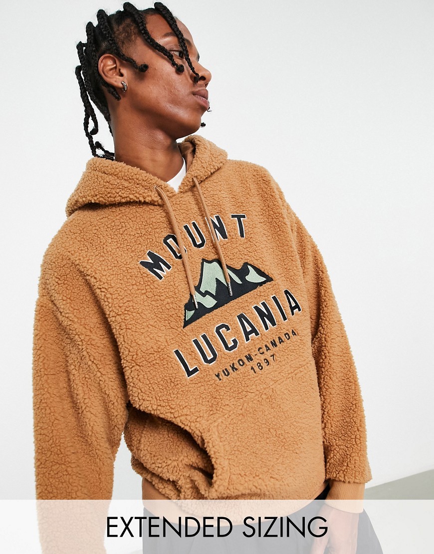 ASOS DESIGN oversized teddy borg hoodie in brown with mountain embroidery