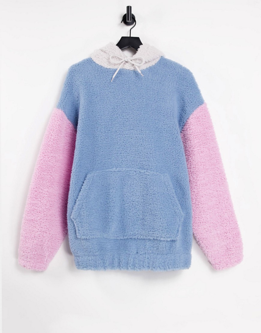 ASOS DESIGN oversized teddy borg hoodie in pastel color block-Blues