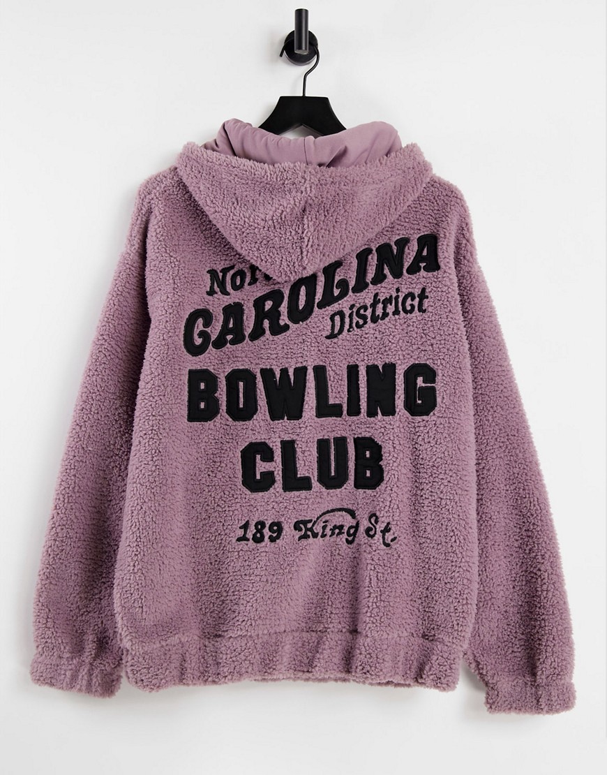 ASOS DESIGN oversized teddy borg hoodie with Bowling Club back applique print-Pink