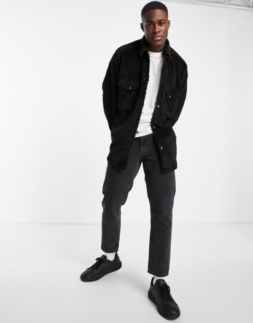 ASOS DESIGN oversized teddy borg overshirt in black BLACK ASOS