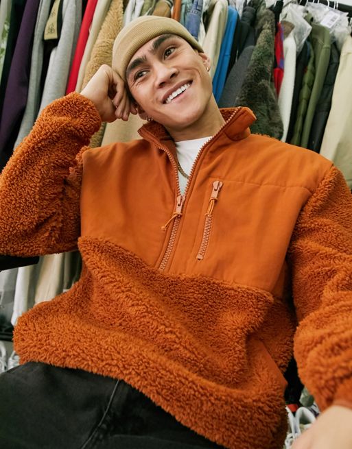 ASOS DESIGN oversized half zip sweatshirt in brown borg