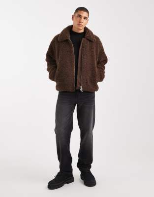 Asos Design Oversized Teddy Coach Jacket In Brown