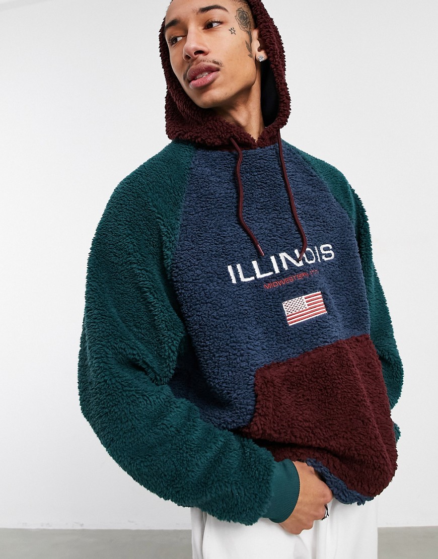 ASOS DESIGN oversized teddy fleece hoodie in color block raglan with chest applique-Multi