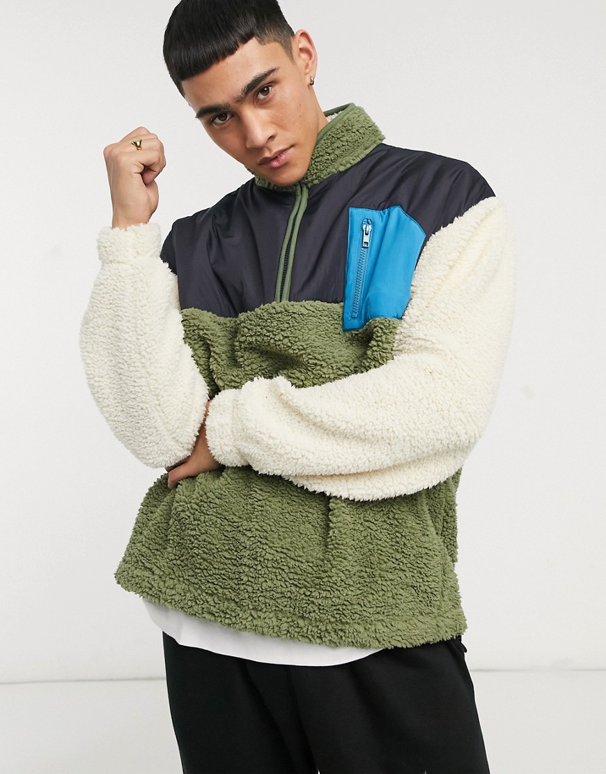 ASOS DESIGN oversized teddy fleece sweatshirt with half zip & nylon panels in green & blue-Multi