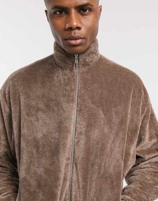 Topman teddy fleece coat in brown, ASOS